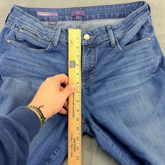 NYDJ Farrah Flare Jeans Womens 12 Blue Denim Stretch Lift Tuck Distressed Rock - Picture 7 of 11
